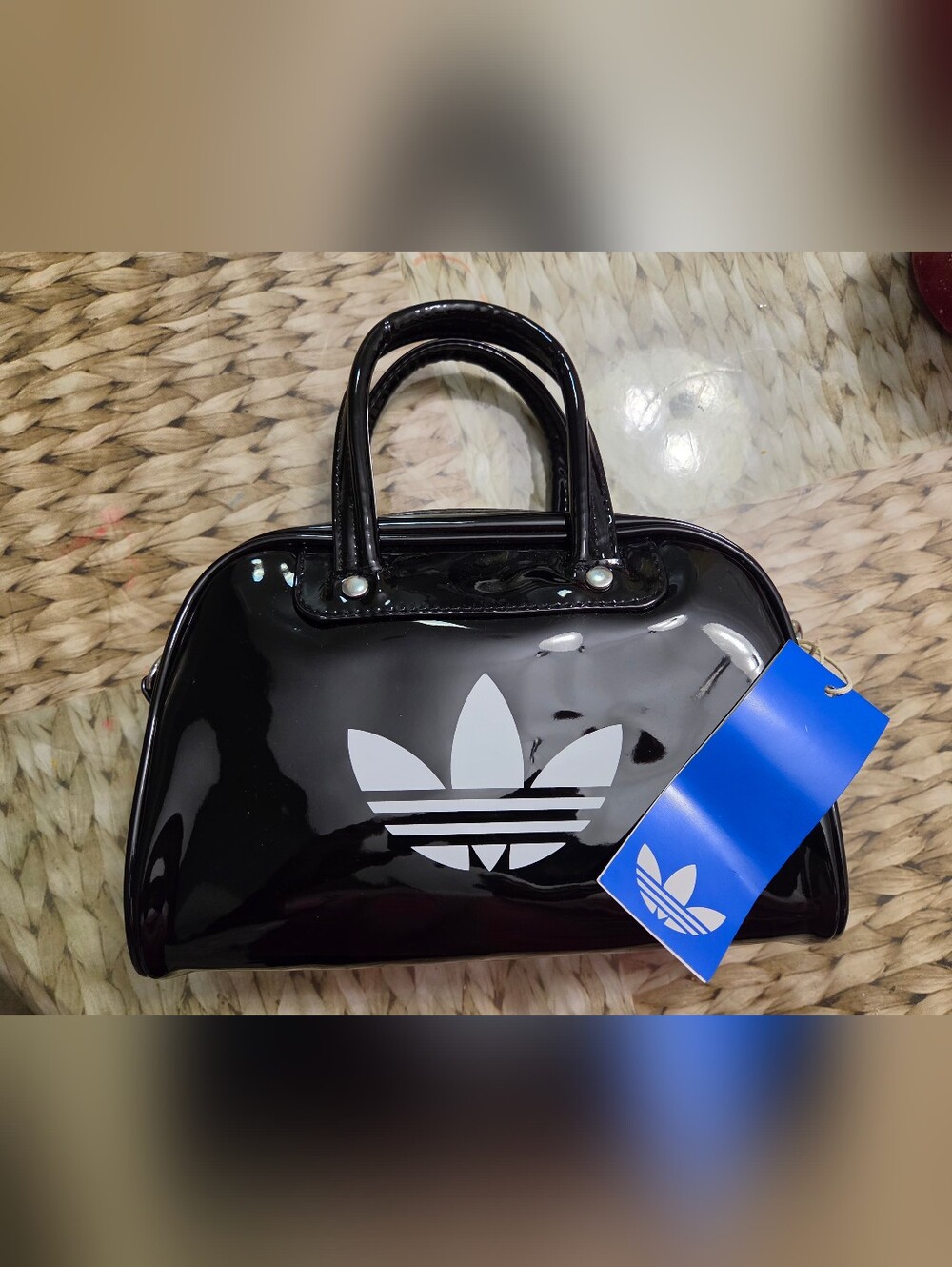 adidas Originals Adicolor Black Patent Mini Bag with White Trefoil